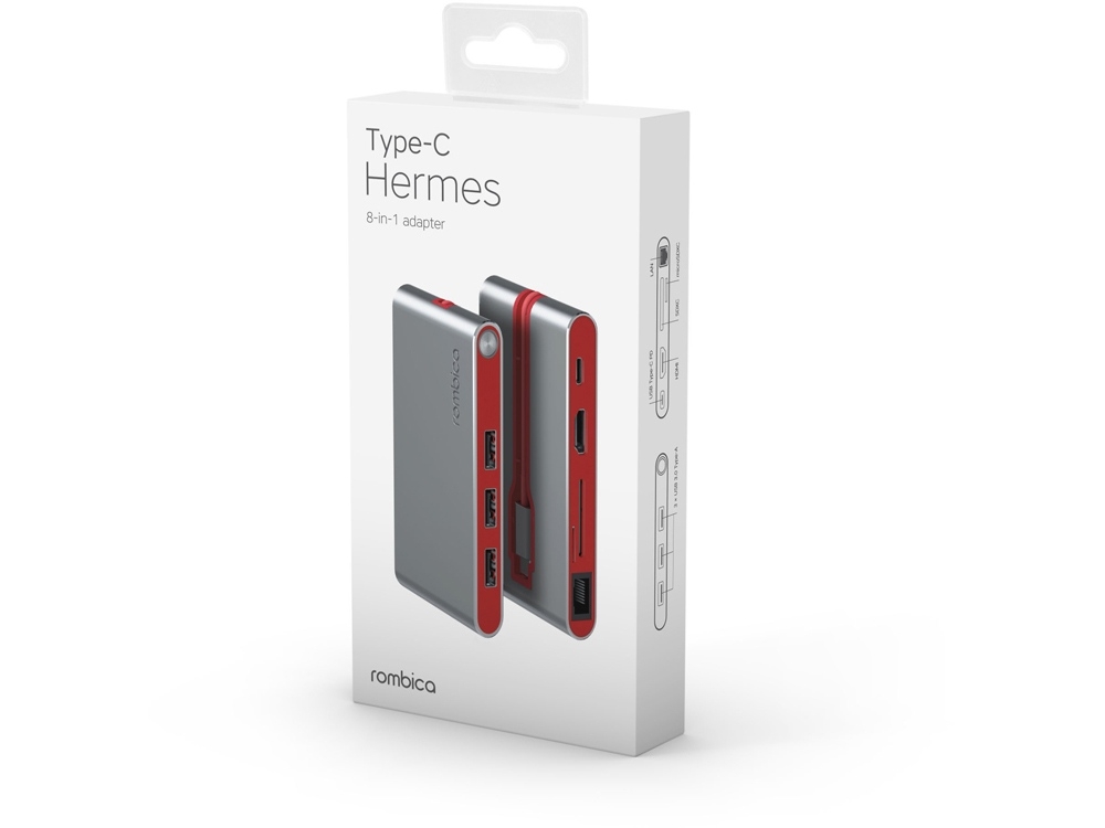 Разветвитель для компьютера 8-в-1  Type-C «Hermes», красный, пластик, алюминий