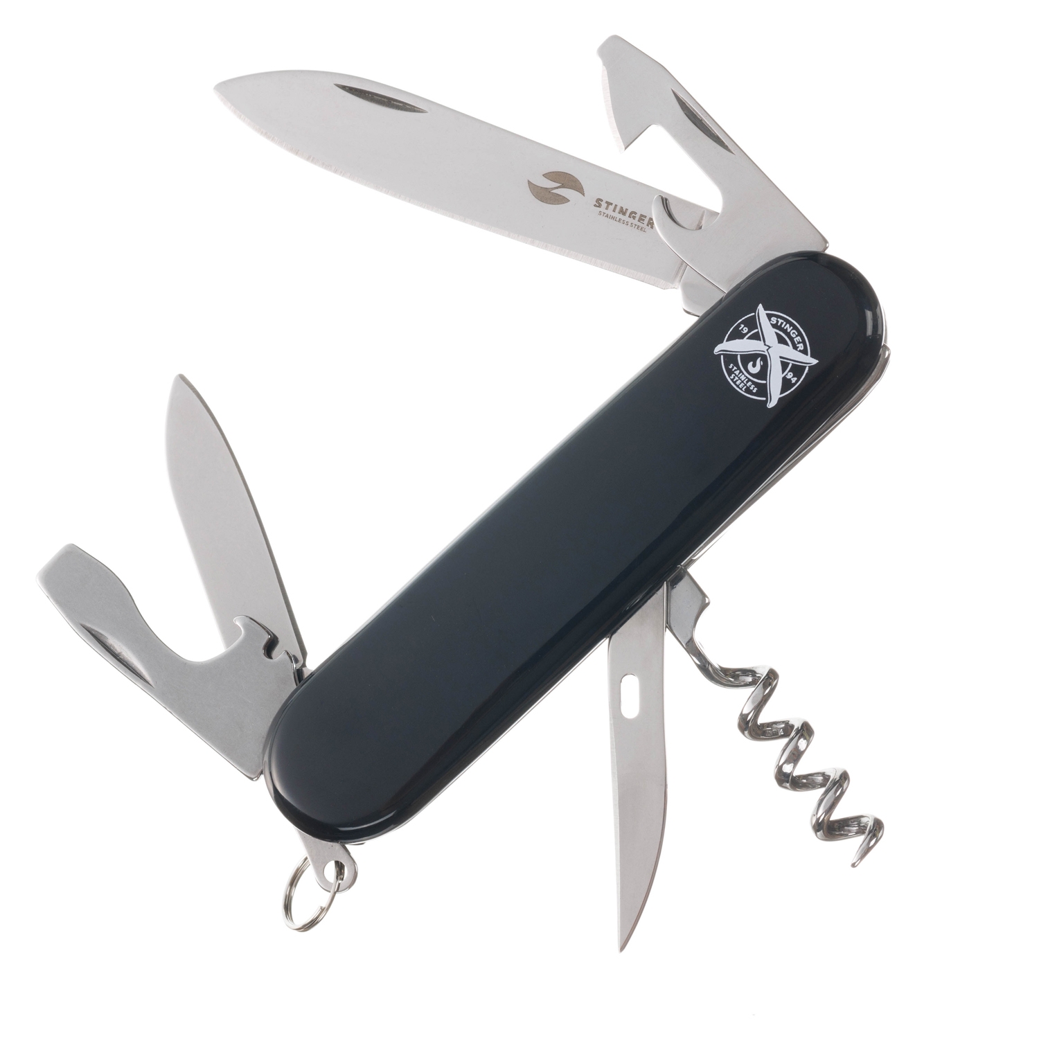 Нож перочинный Stinger, 90 мм, 11 функций, материал рукояти: АБС-пластик (черный), в блистере, черный, пластик