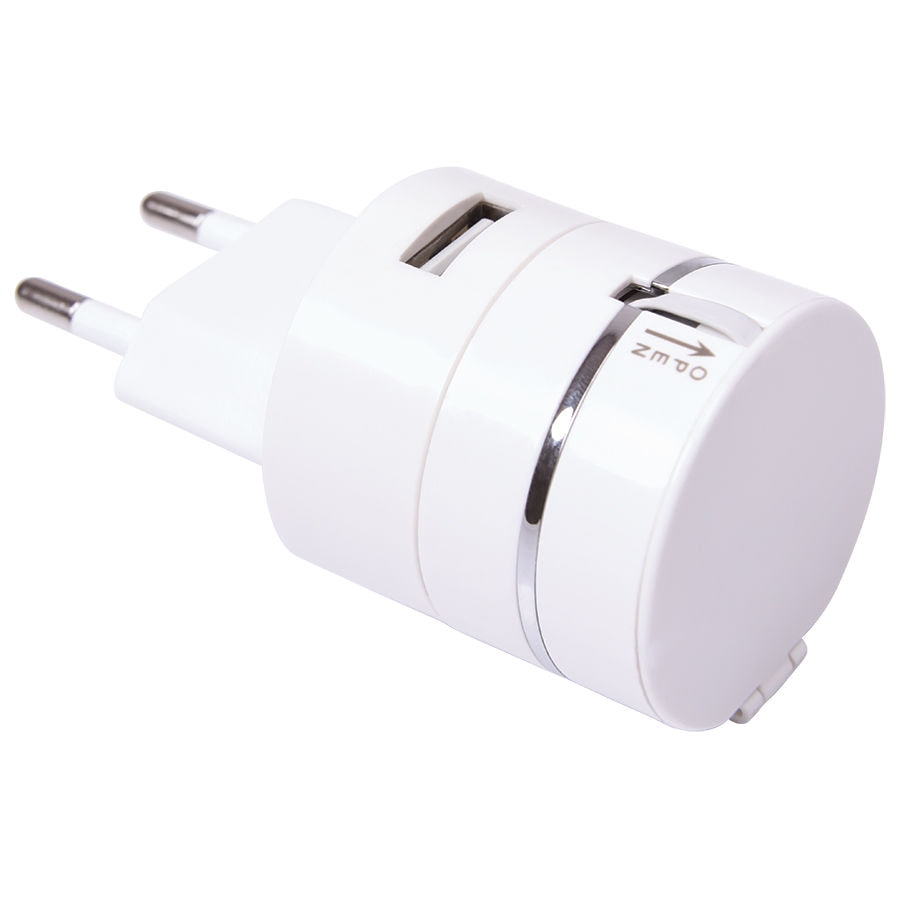 Сетевое зарядное устройство c USB выходом и универсальным кабелем 3-в-1, белый, пластик
