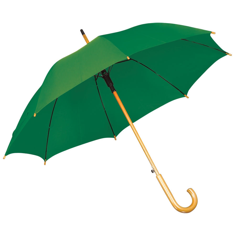 Зонт-трость с деревянной ручкой, полуавтомат; зеленый; D=103 см, L=90см; 100% полиэстер, зеленый, 100% полиэстер, плотность 190 г/м2