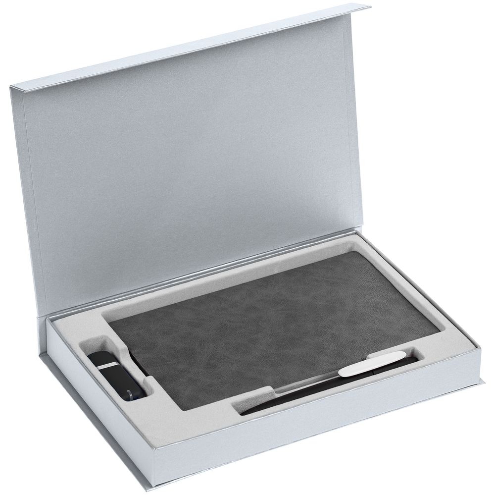 Коробка Silk с ложементом под ежедневник 13x21 см, флешку и ручку, серебристая, серебристый, картон