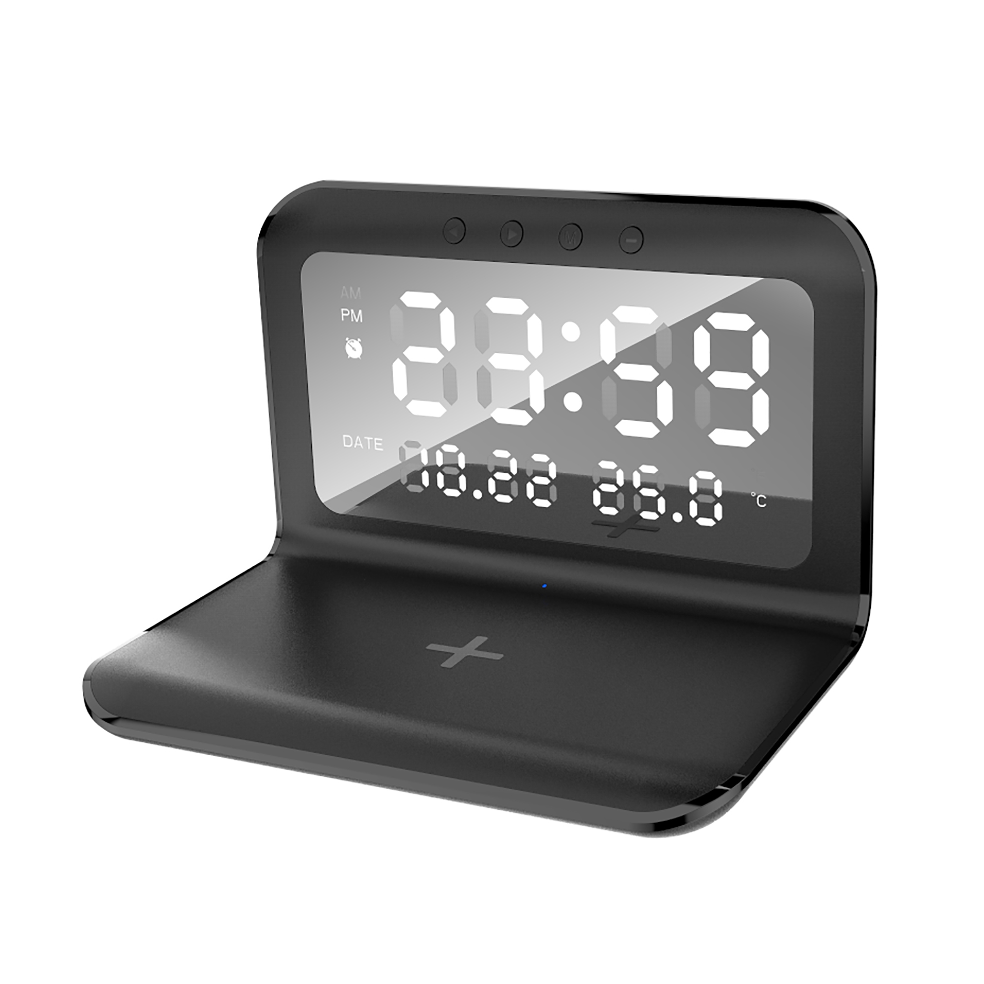 Настольные часы "Smart Time" с беспроводным (15W) зарядным устройством, будильником и термометром, со съёмным дисплеем, черный, пластик