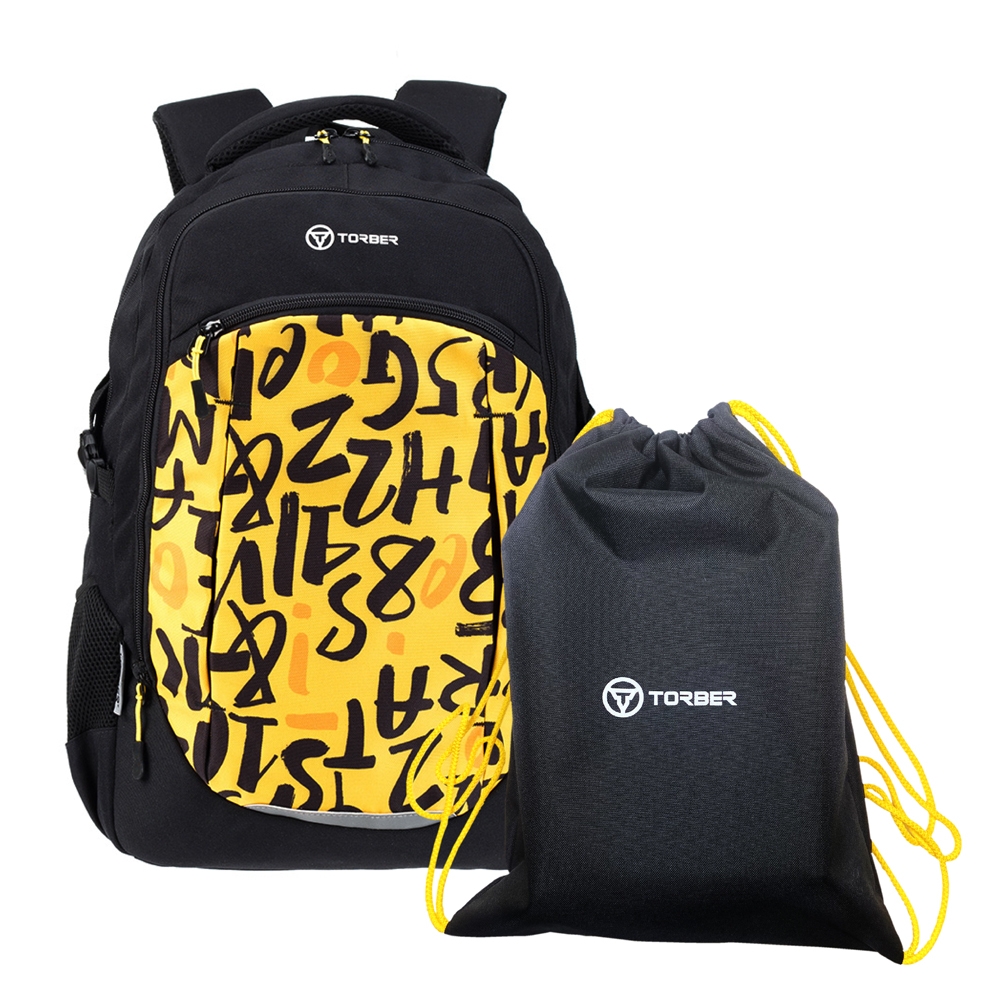 Рюкзак TORBER CLASS X, черно-желтый с принтом, 46 x 32 x 18 см + Мешок для сменной обуви в подарок!, желтый