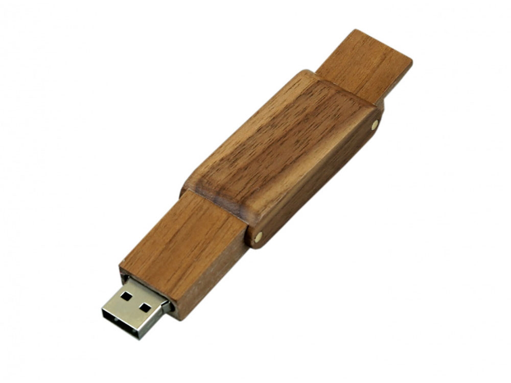 USB 2.0- флешка на 64 Гб прямоугольной формы с раскладным корпусом, коричневый, дерево