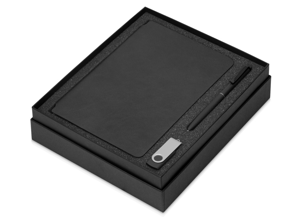 Подарочный набор «Notepeno» с блокнотом А5, флешкой и ручкой, черный, кожзам, soft touch