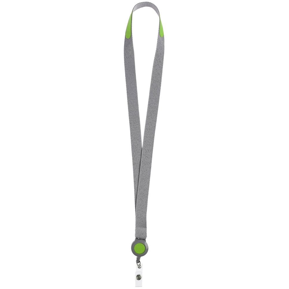 Лента для бейджа с ретрактором Devon, серая с зеленым, зеленый, серый, искусственная кожа; нейлон; пластик