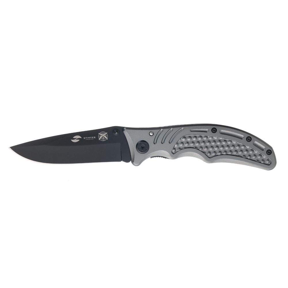 Нож складной Stinger, 90 мм, (чёрный), материал рукояти: сталь/алюминий (серо-синий), серый
