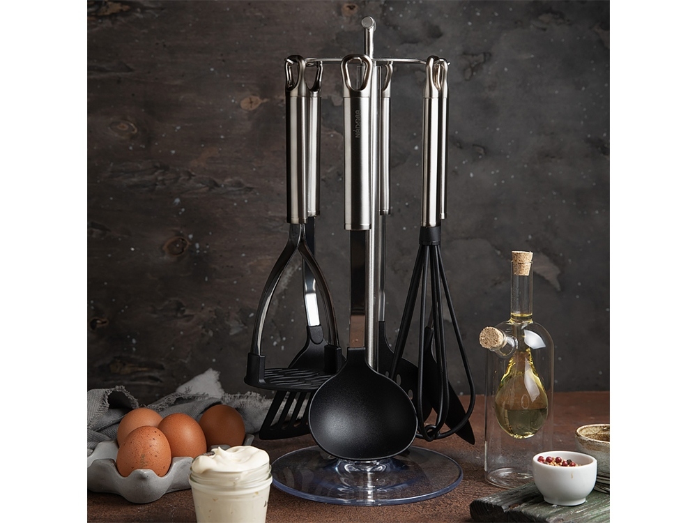 Набор кухонных инструментов с нейлоновым покрытием «ANEZKA», 7 предметов, черный, серебристый, прозрачный, металл