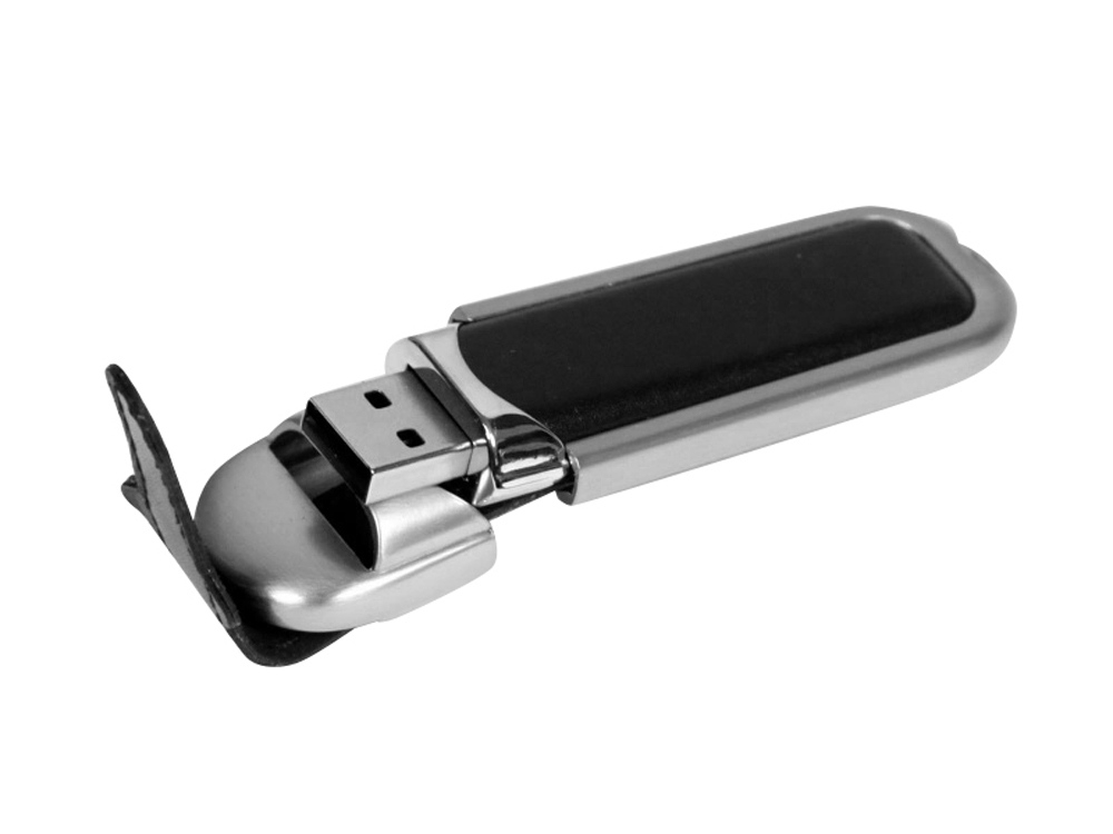 USB 2.0- флешка на 16 Гб с массивным классическим корпусом, черный, серебристый, кожа