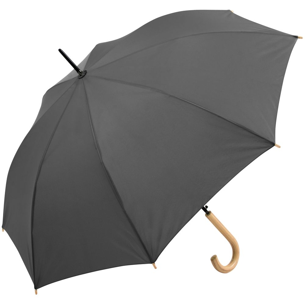 Зонт-трость OkoBrella, серый, серый, купол - эпонж, оцинкованная сталь, из переработанного пластика; ручка - дерево; каркас - стеклопластик