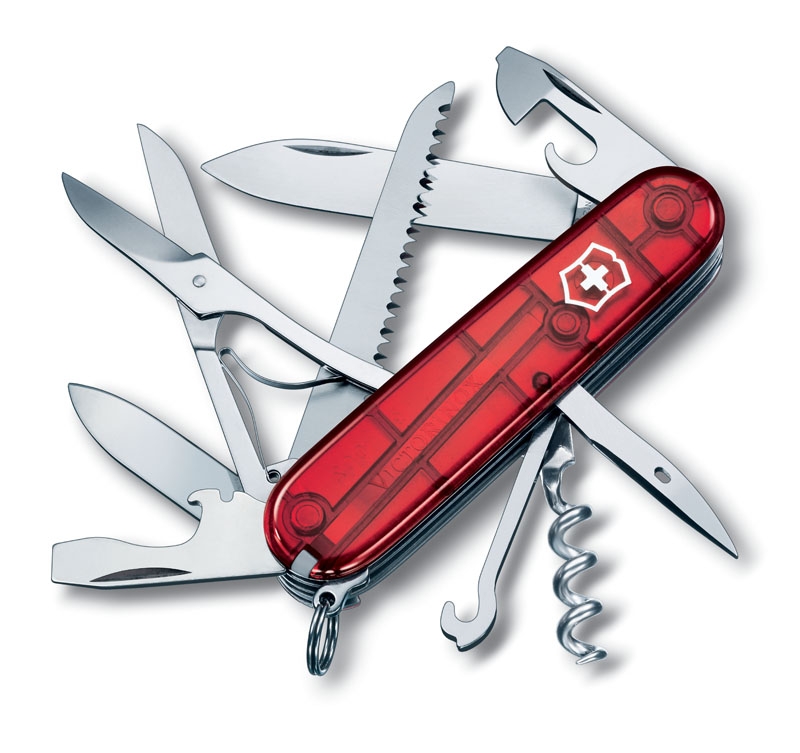 Нож перочинный VICTORINOX Huntsman, 91 мм, 15 функций, полупрозрачный красный, красный, пластик abs / cellidor