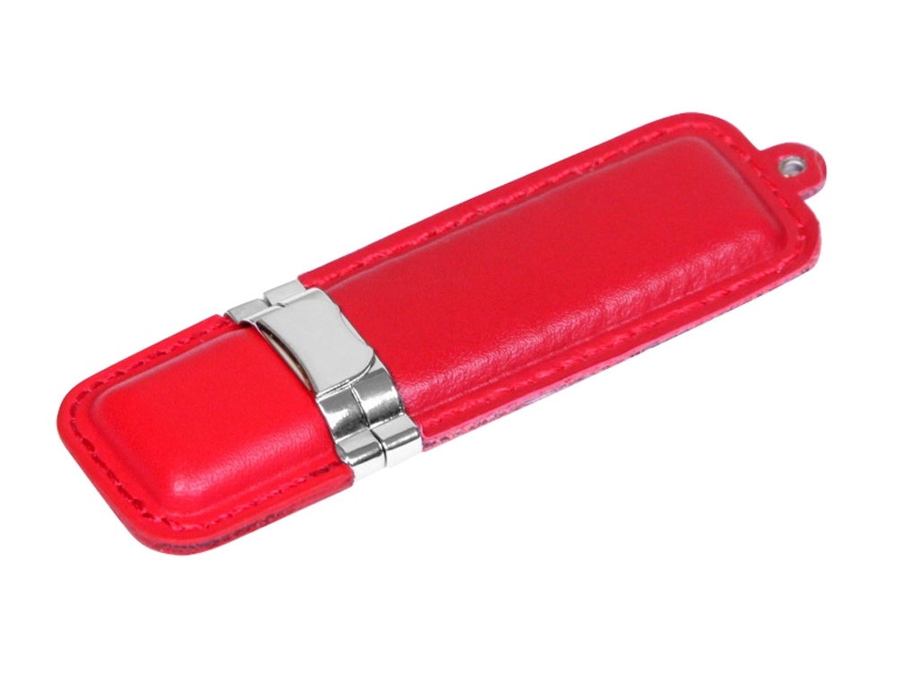 USB 2.0- флешка на 64 Гб классической прямоугольной формы, красный, серебристый, кожа