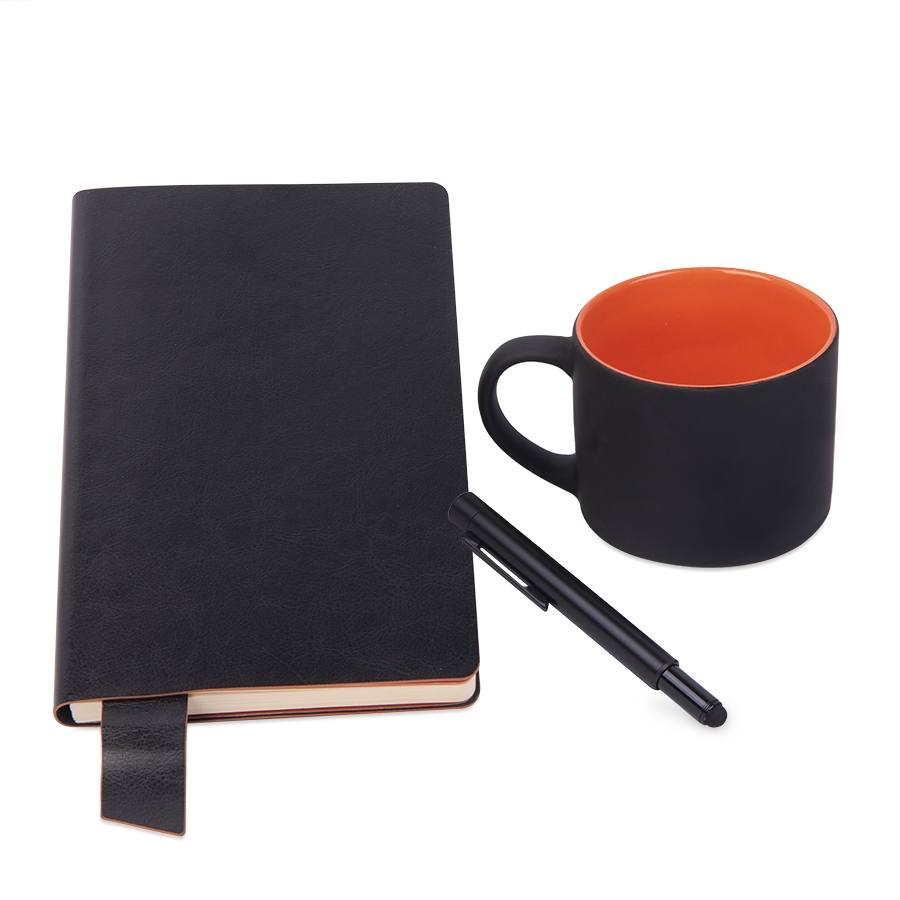 Подарочный набор DAILY COLOR: кружка, бизнес-блокнот, ручка с флешкой 4 ГБ, черный/оранжевый, черный, оранжевый, несколько материалов