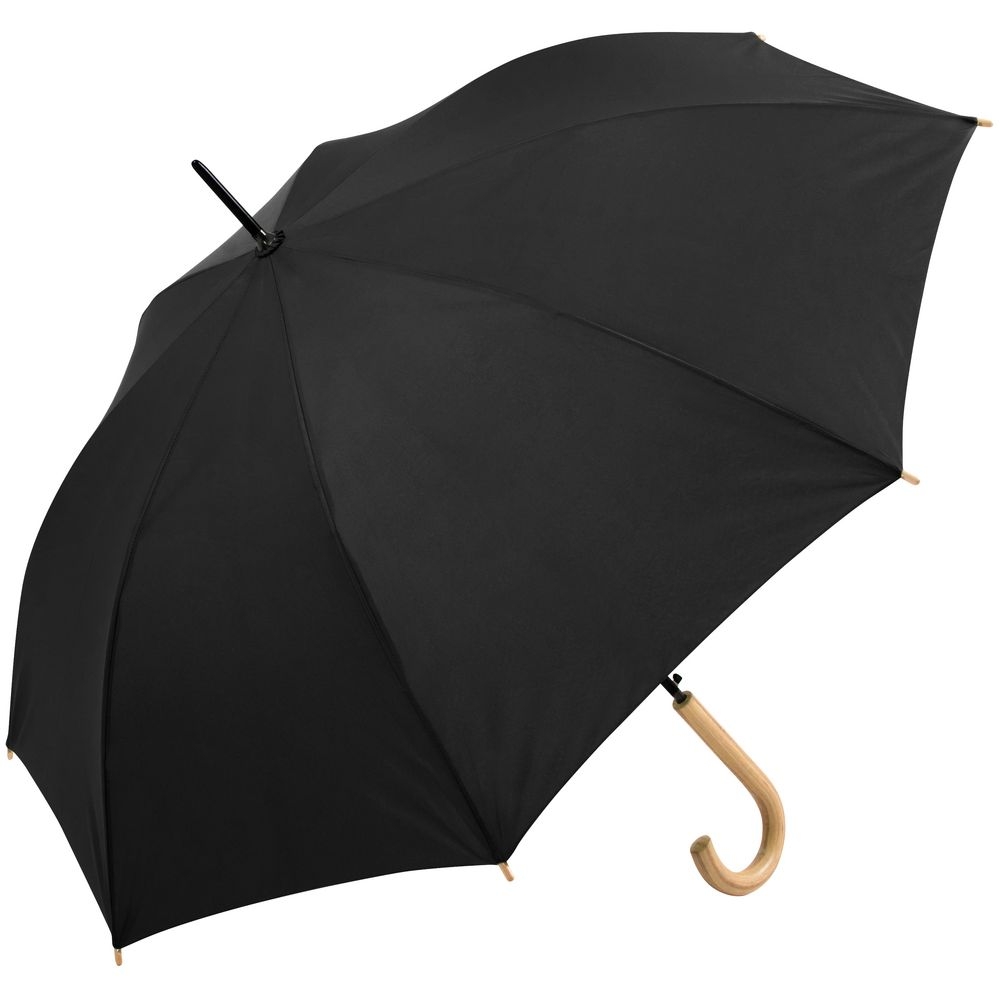 Зонт-трость OkoBrella, черный, черный, купол - эпонж, из переработанного пластика; каркас - стеклопластик, оцинкованная сталь; ручка - дерево