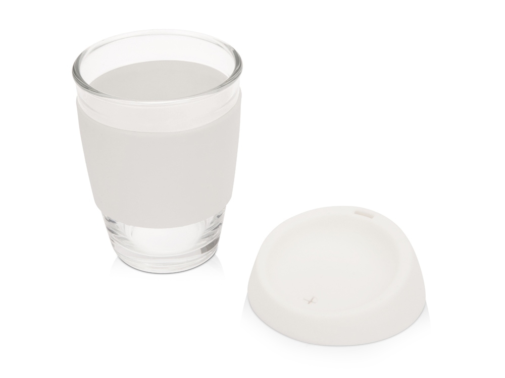 Стеклянный стакан с силиконовой крышкой и манжетой «Monday», белый, прозрачный, стекло, силикон