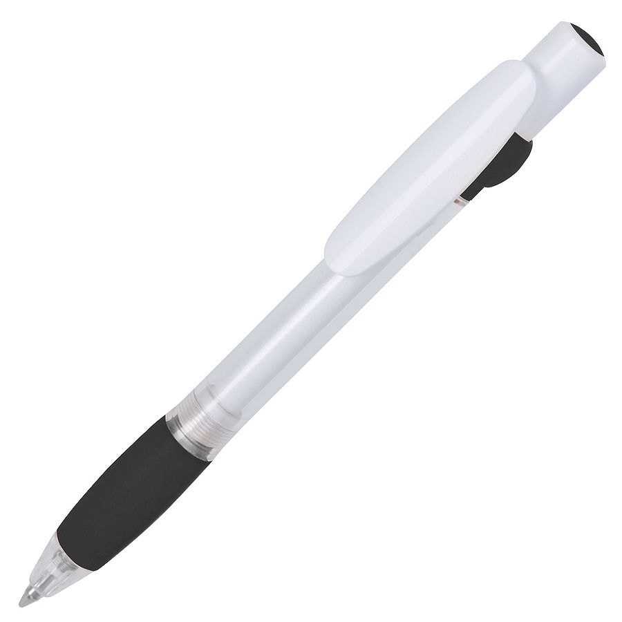 ALLEGRA SWING, ручка шариковая, черный/белый, прозрачный корпус, белый барабанчик, пластик, черный, белый, пластик, прорезиненная поверхность