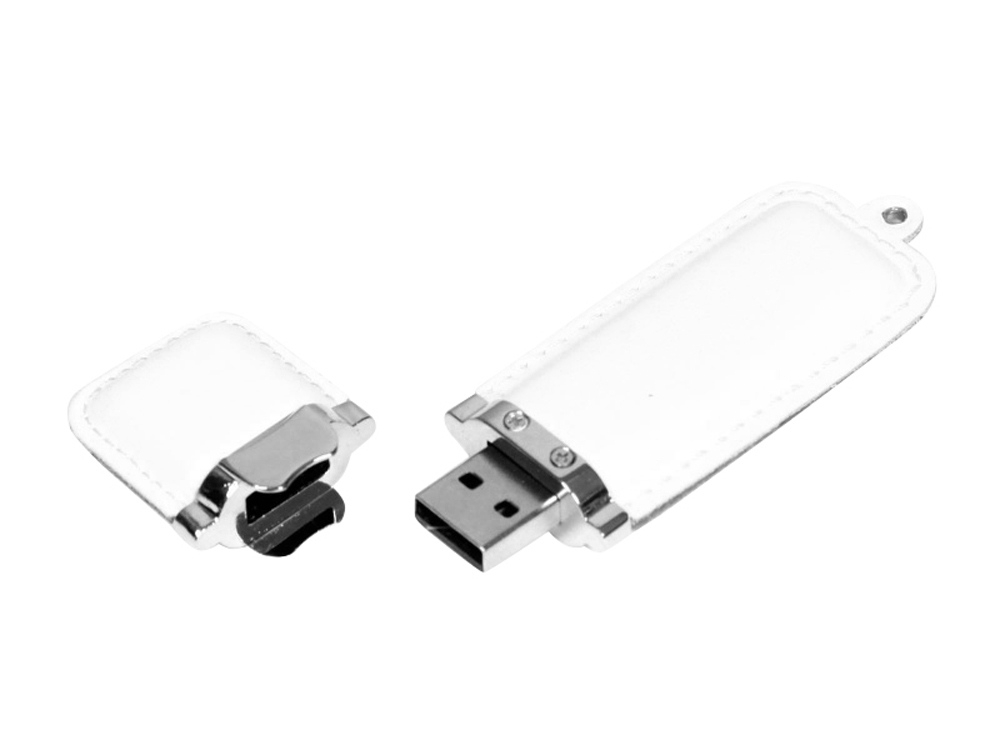 USB 2.0- флешка на 16 Гб классической прямоугольной формы, белый, серебристый, кожа