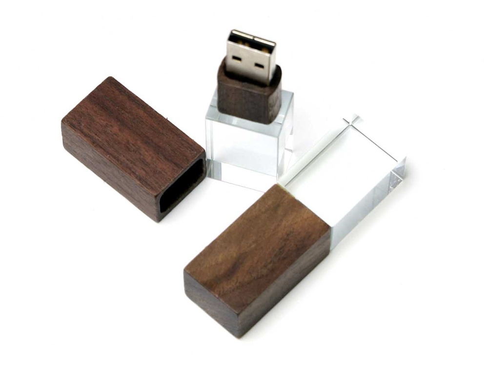 USB 2.0- флешка на 64 Гб прямоугольной формы, коричневый, белый, прозрачный, дерево, стекло
