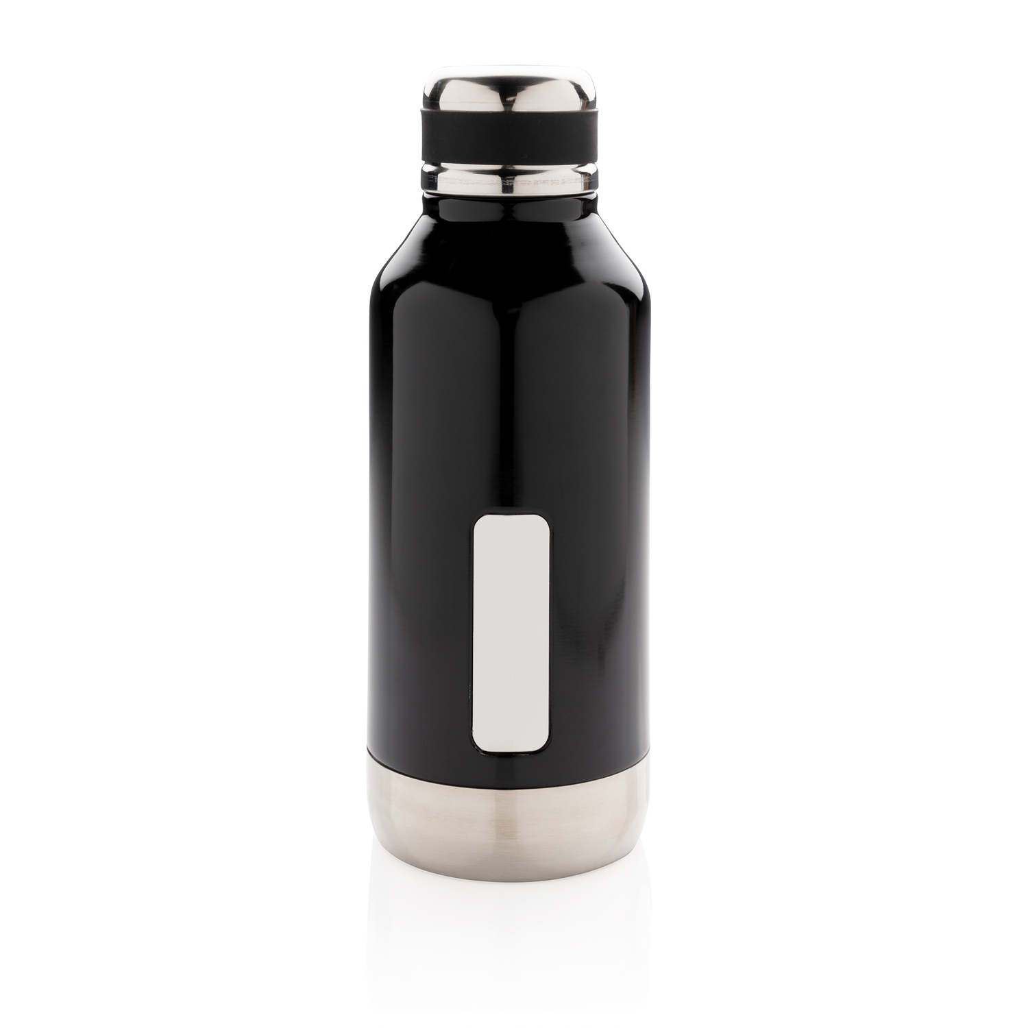 Герметичная вакуумная бутылка с шильдиком, черный, нержавеющая сталь; силикон
