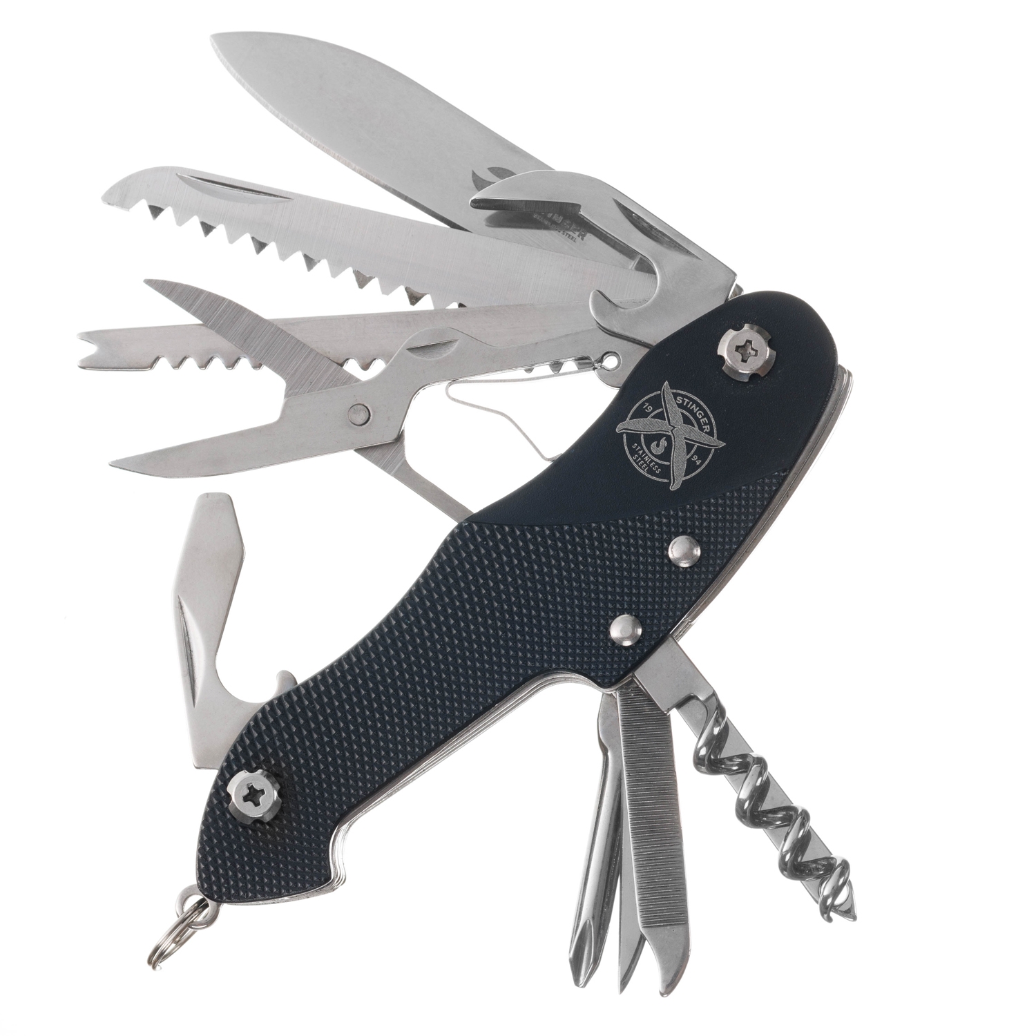 Нож перочинный Stinger, 96 мм, 15 функций, материал рукояти: алюминий (черный), в блистере, черный