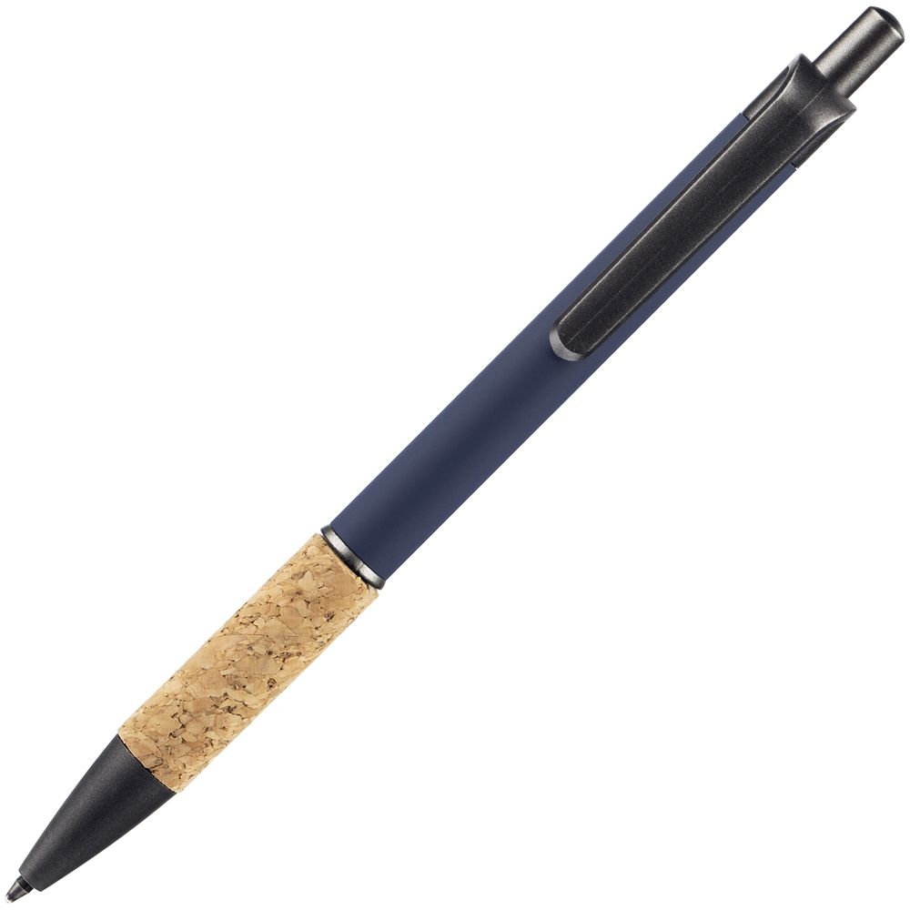 Ручка шариковая Cork, синяя, синий, корпус - металл; покрытие софт-тач; грип - пробка; носик, кнопка и клип - пластик