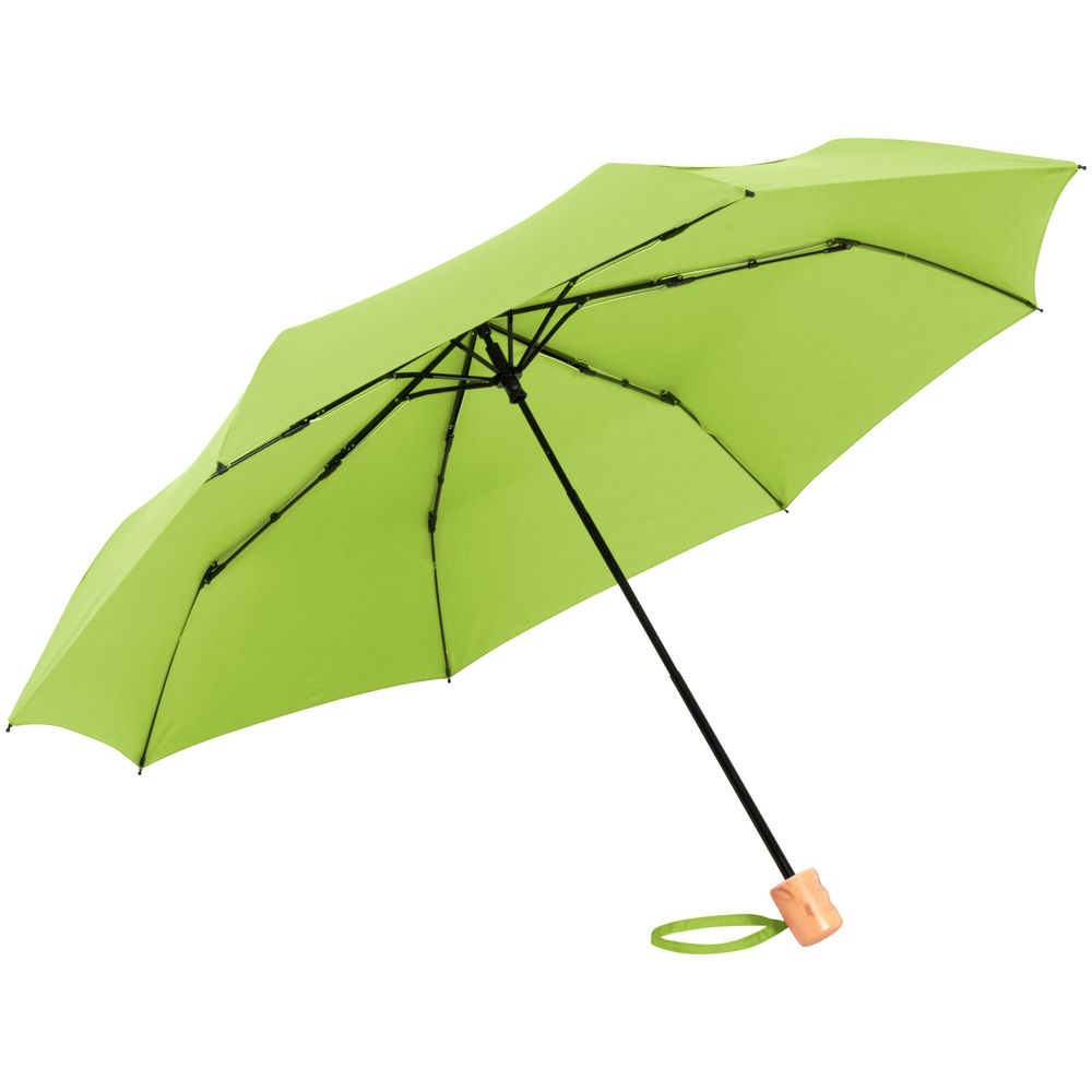 Зонт складной OkoBrella, зеленое яблоко, зеленый, купол - эпонж, из переработанного пластика; ручка - дерево; каркас - сталь