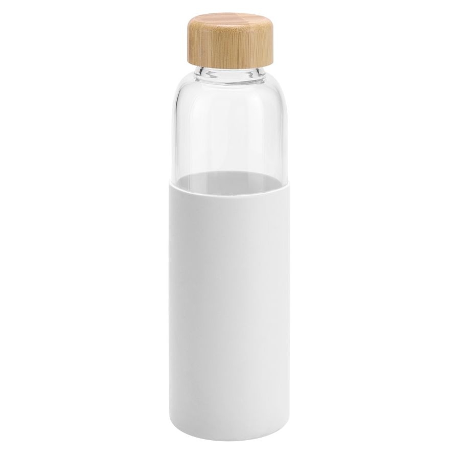 Бутылка для воды Dakar, прозрачная с белым, белый, прозрачный, корпус - боросиликатное стекло; крышка - бамбук; чехол - силикон