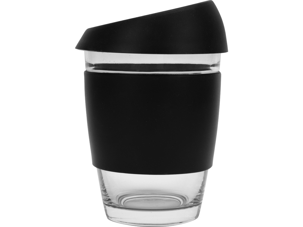 Стеклянный стакан с силиконовой крышкой и манжетой «Monday», черный, прозрачный, стекло, силикон
