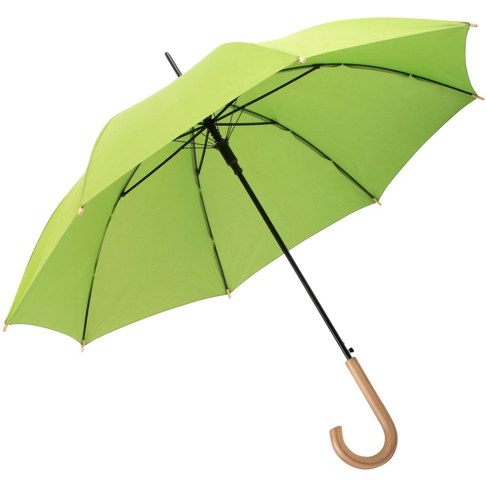 Зонт-трость OkoBrella, зеленое яблоко, зеленый, купол - эпонж, оцинкованная сталь, из переработанного пластика; ручка - дерево; каркас - стеклопластик