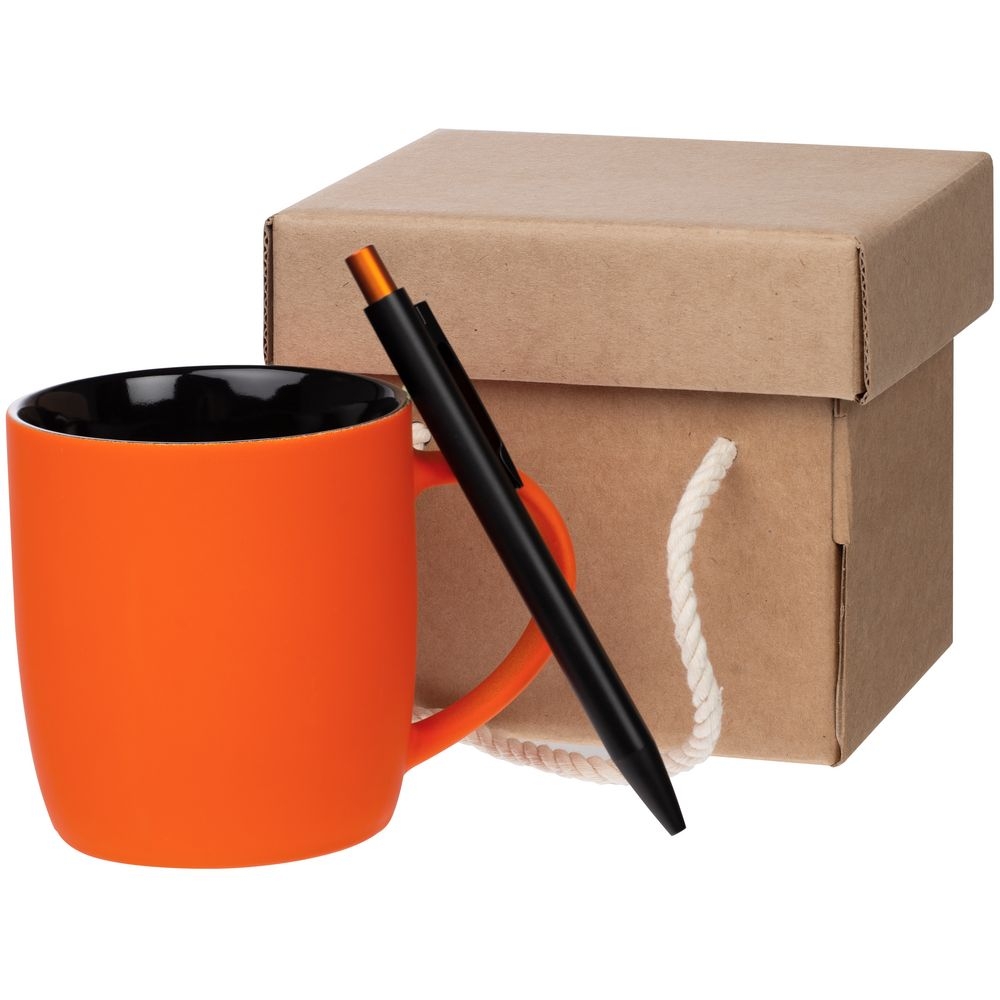 Набор Color Block: кружка и ручка, оранжевый с черным, черный, оранжевый, покрытие софт-тач; ручка - металл, кружка - фарфор