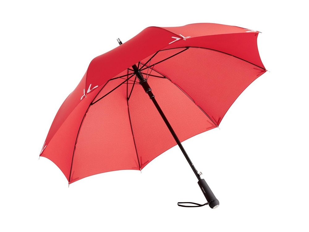 Зонт-трость «Safebrella» с фонариком и светоотражающими элементами, красный, полиэстер, soft touch