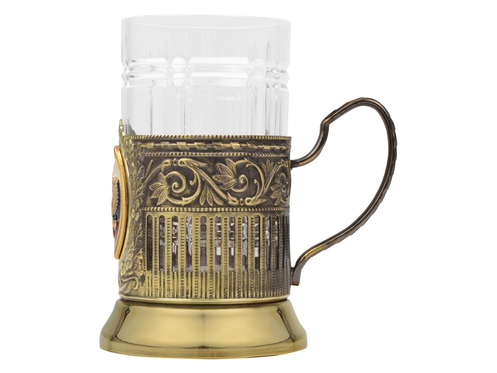 Подстаканник с хрустальным стаканом и ложкой «Российский», желтый, прозрачный, металл