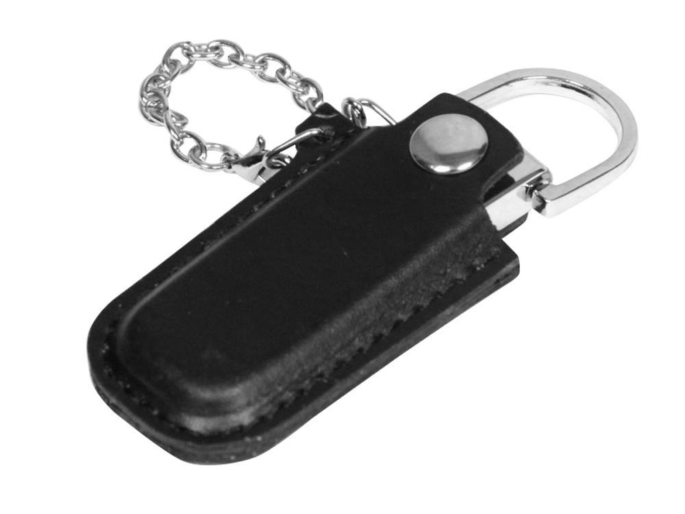 USB 2.0- флешка на 32 Гб в массивном корпусе с кожаным чехлом, черный, серебристый, кожа