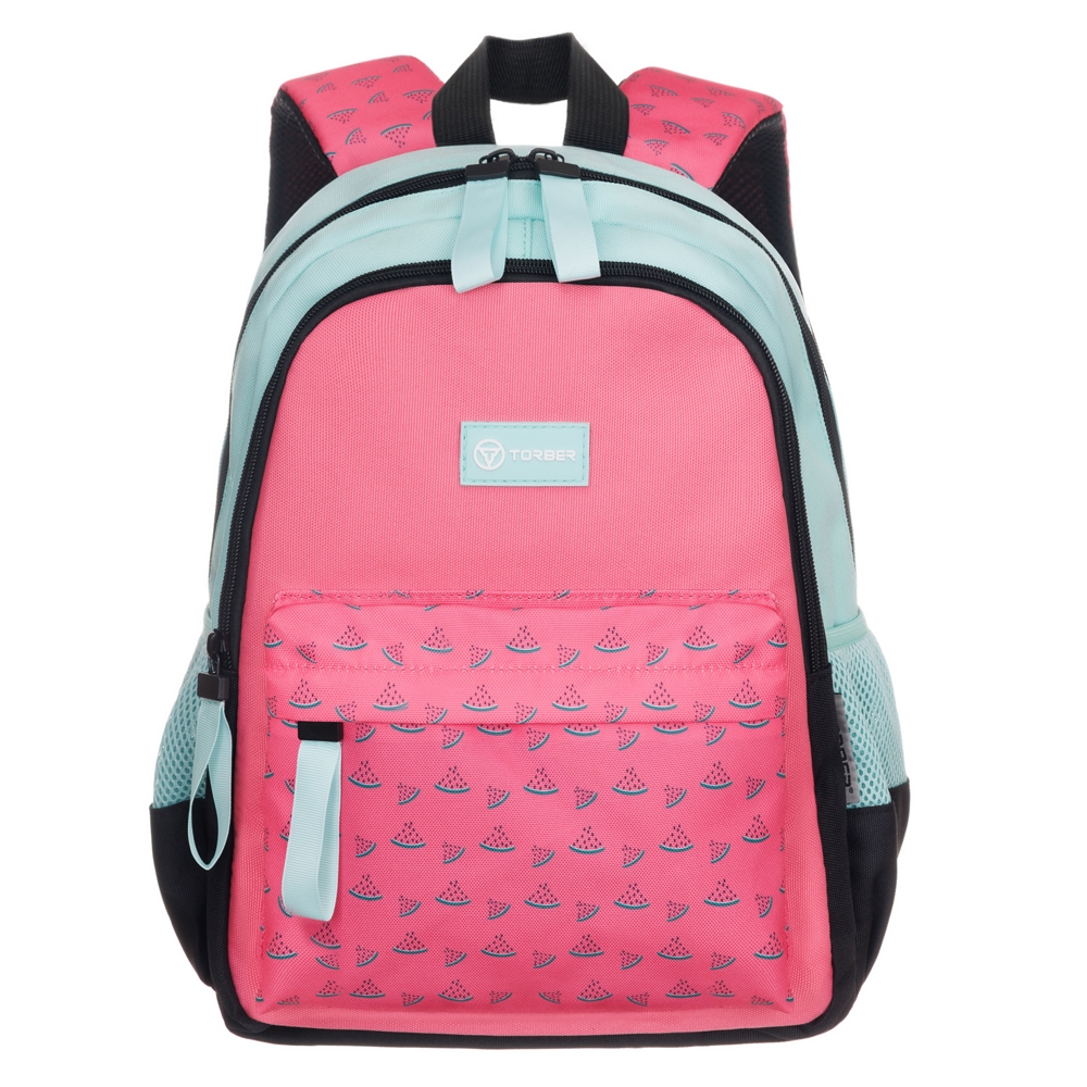 Рюкзак TORBER CLASS X Mini, розовый/зелёный с орнаментом, полиэстер 900D + Мешок для обуви в подарок, розовый