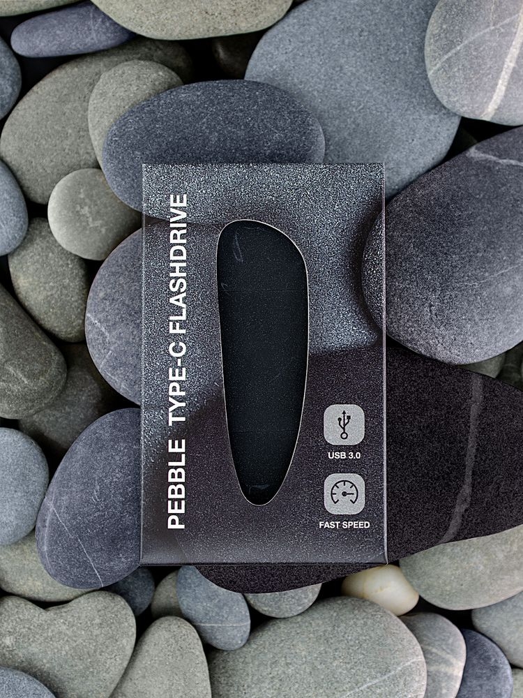 Флешка Pebble Type-C, USB 3.0, черная, 16 Гб, черный, пластик, покрытие, имитирующее камень