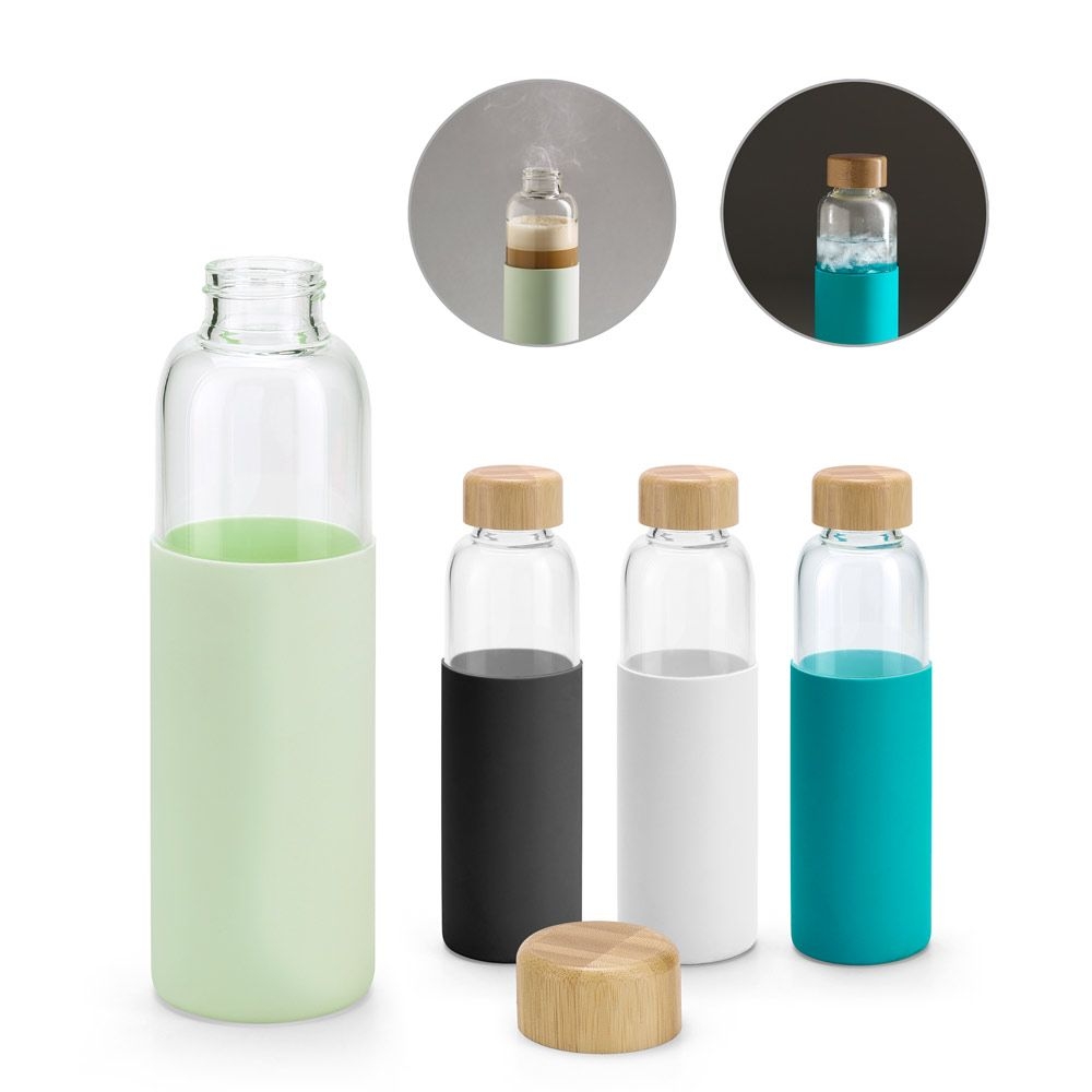 Бутылка для воды Dakar, прозрачная с белым, белый, прозрачный, корпус - боросиликатное стекло; крышка - бамбук; чехол - силикон