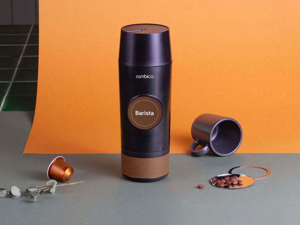Портативная кофемашина «Barista» c быстрой зарядкой с логотипом Rombica, черный, пластик