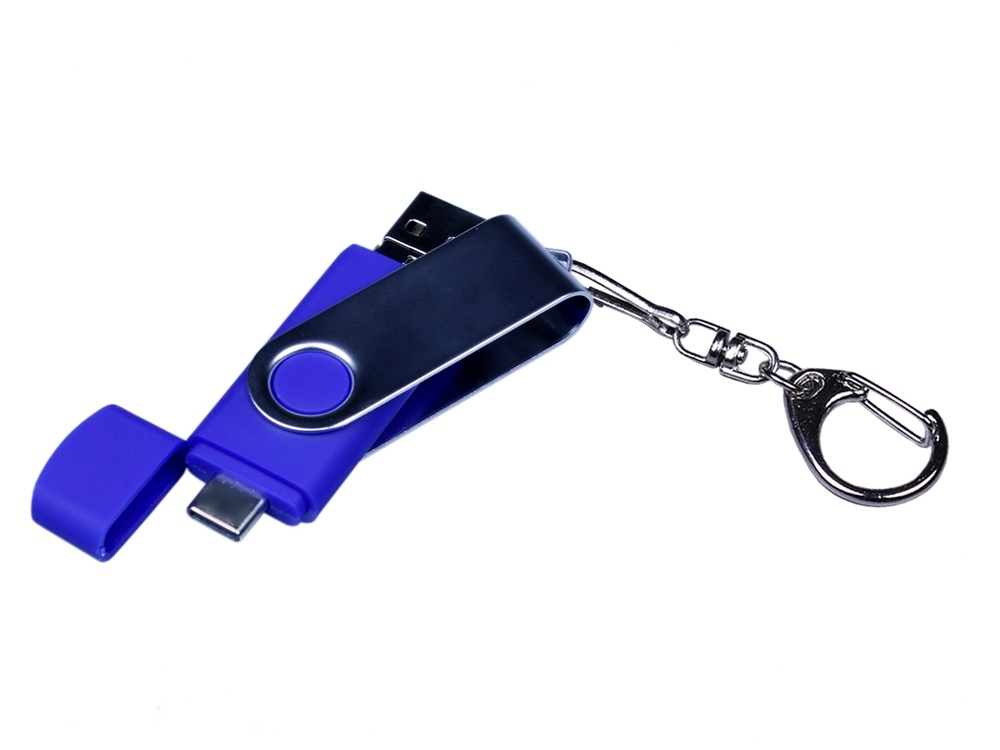 USB 2.0/micro USB/Type-C- флешка на 64 Гб c поворотным механизмом, синий, пластик