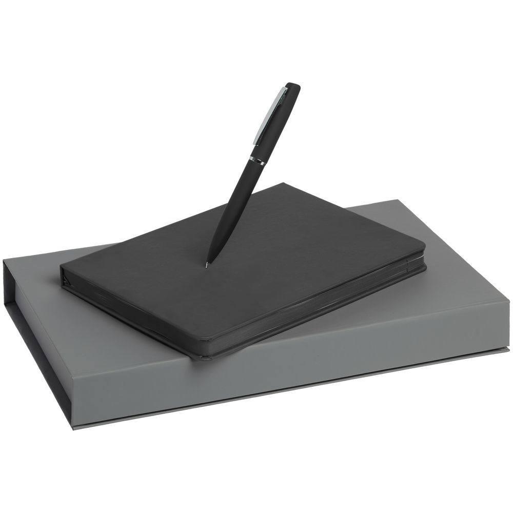 Набор Shall, черный, черный, ежедневник - искусственная кожа; ручка - металл; покрытие софт-тач; коробка - картон