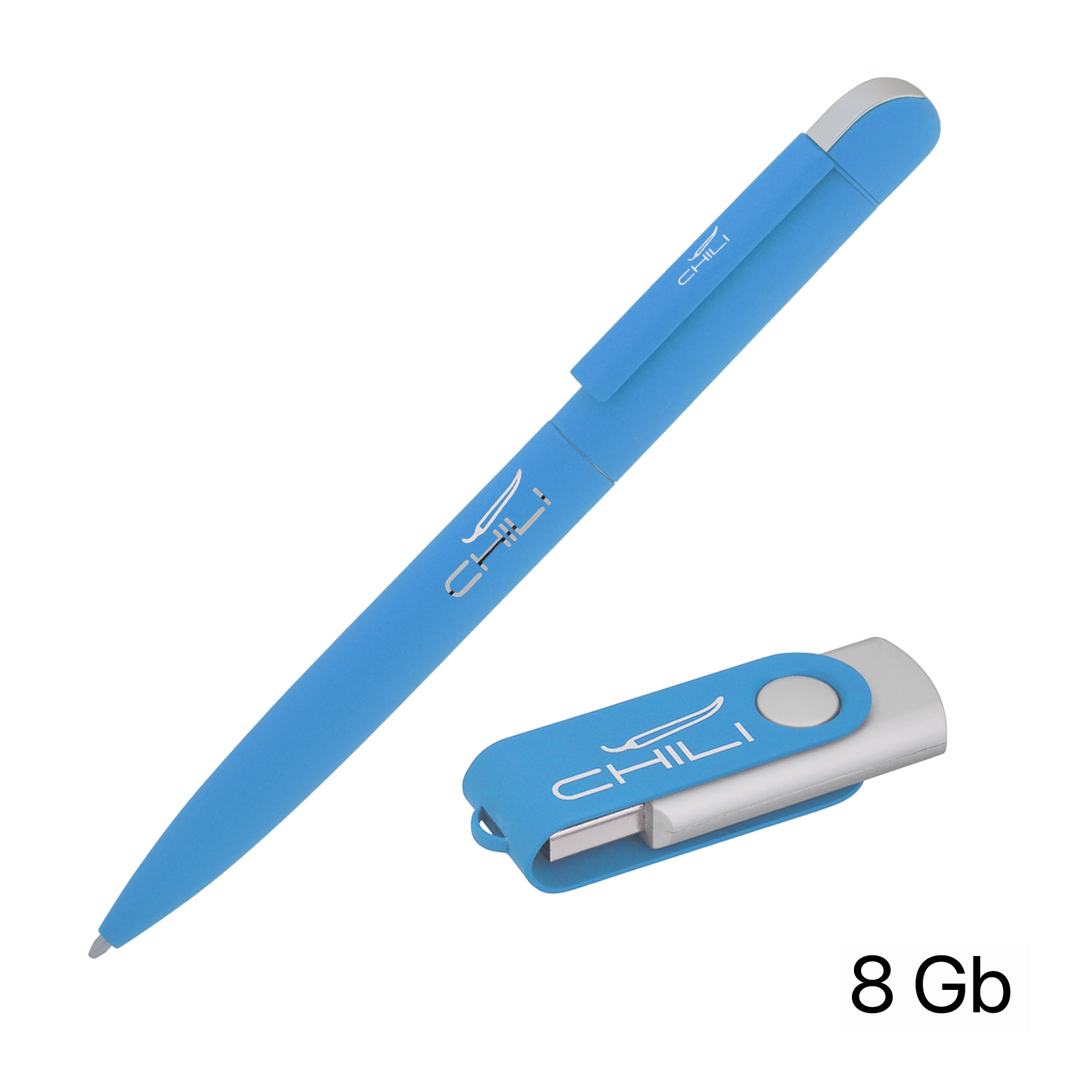 Набор ручка + флеш-карта 8 Гб в футляре, покрытие soft touch, голубой, металл/soft touch
