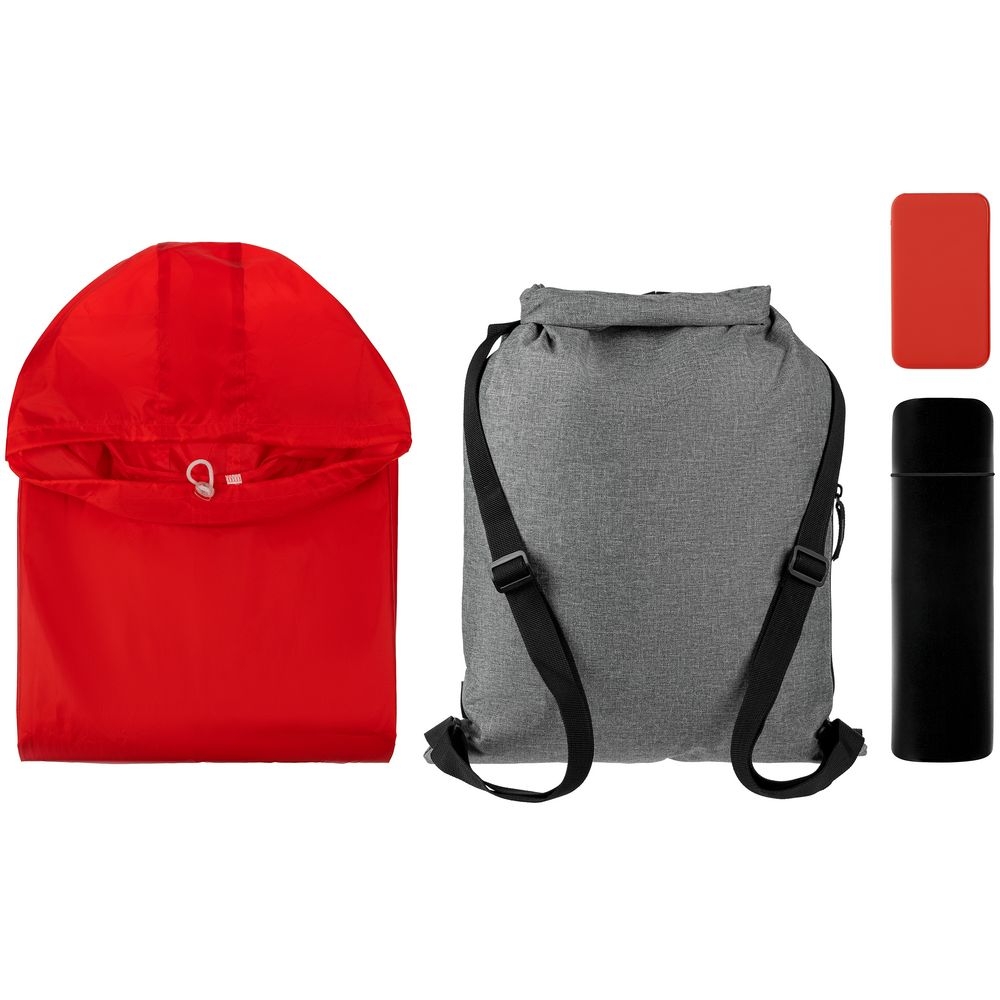 Набор Campani, красный, красный, 300d, покрытие софт-тач; дождевик - полиэстер 100%, плотность 60 г/м²; таффета; рюкзак - полиэстер, термос - нержавеющая сталь, пластик; аккумулятор - пластик