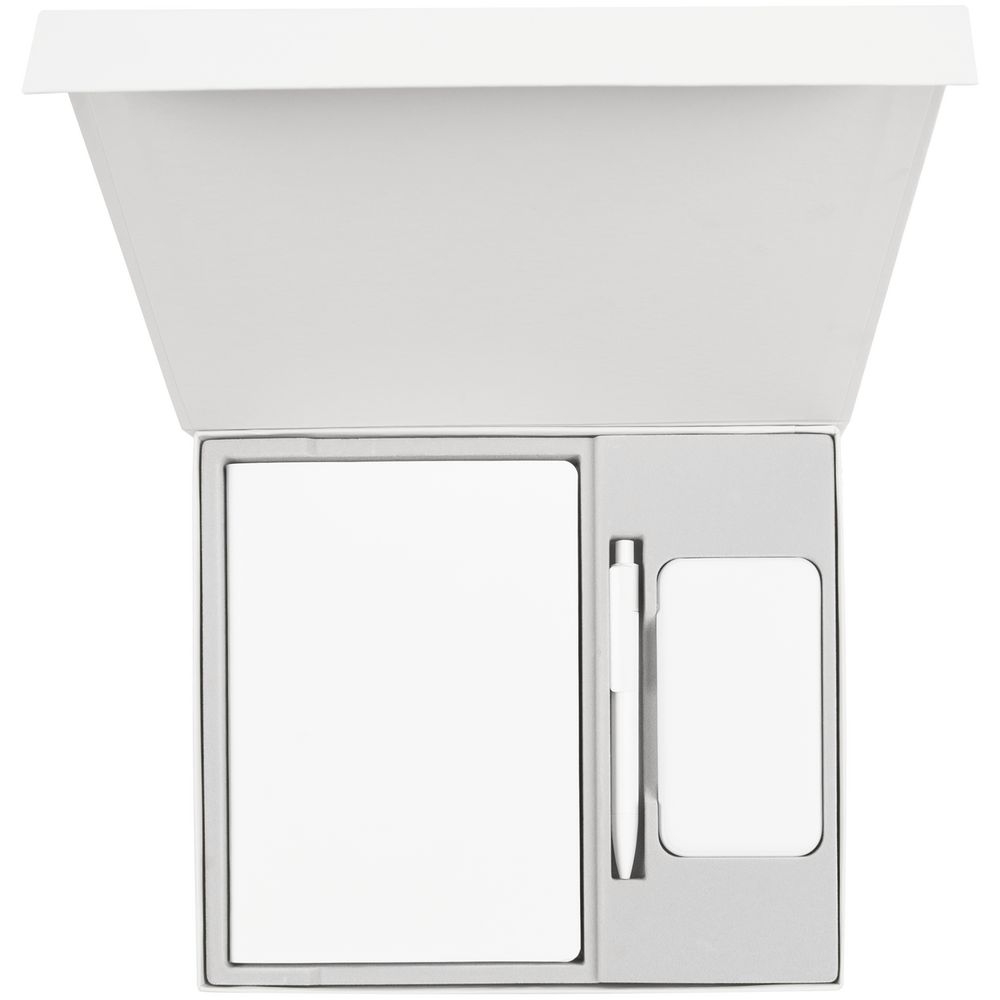 Набор Flex Shall Recharge, белый, белый, пластик; коробка - переплетный картон, ежедневник - искусственная кожа; ручка - пластик; внешний аккумулятор - покрытие софт-тач, покрытие софт-тач 