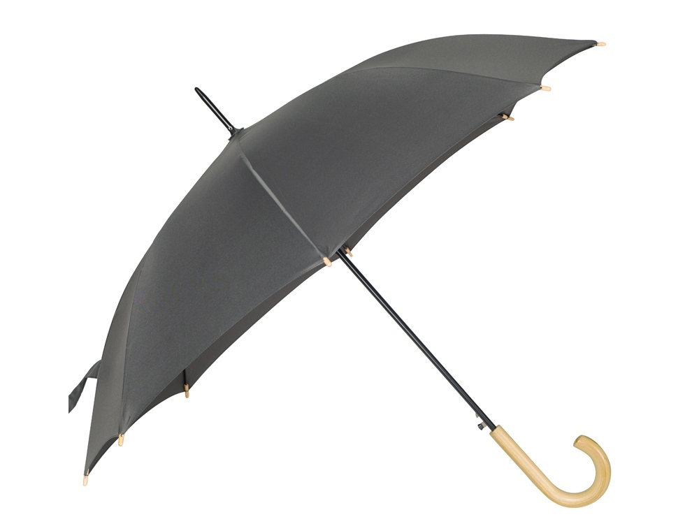 Зонт-трость «Okobrella» с деревянной ручкой и куполом из переработанного пластика, серый, полиэстер, пластик