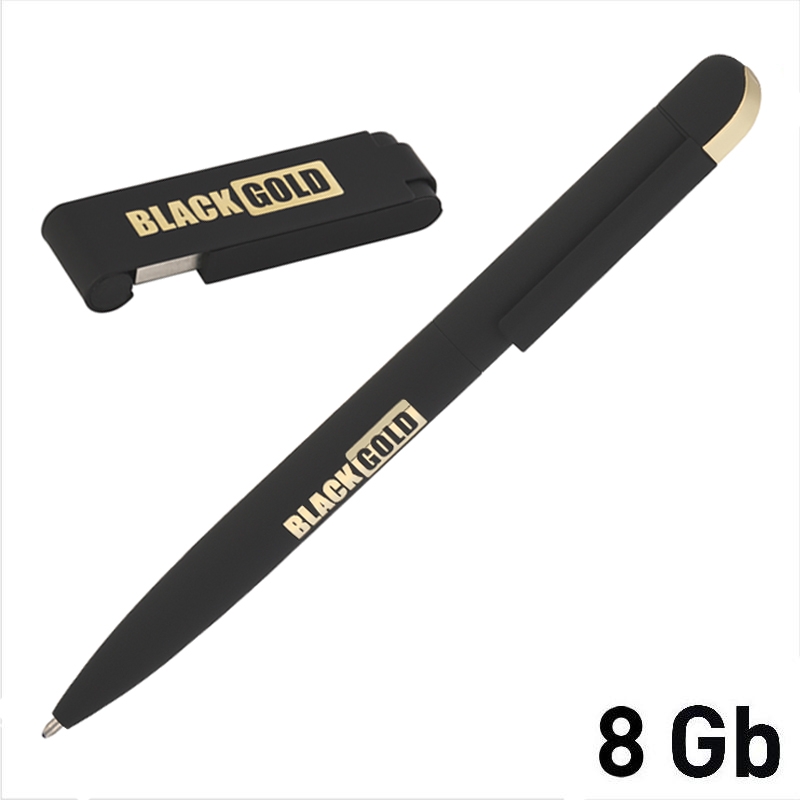 Набор ручка + флеш-карта 8 Гб в футляре, покрытие soft touch, черный с золотом, металл/soft touch