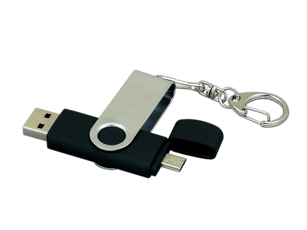 USB 2.0- флешка на 32 Гб с поворотным механизмом и дополнительным разъемом Micro USB, черный, серебристый, пластик, металл