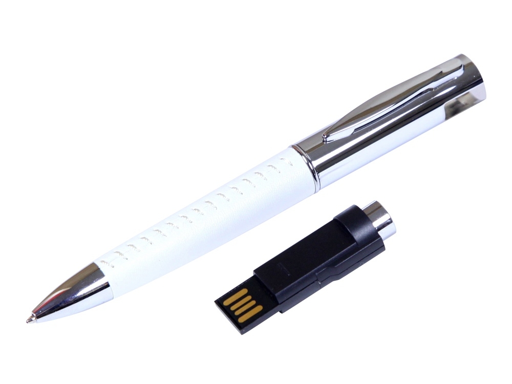 USB 2.0- флешка на 32 Гб в виде ручки с мини чипом, белый, серебристый, кожзам