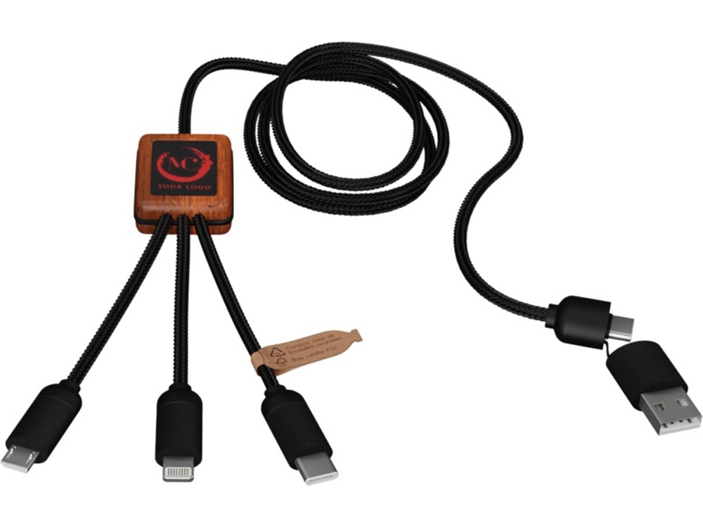 Зарядный кабель 3 в 1 со светящимся логотипом и округлым бамбуковым корпусом, черный, пластик