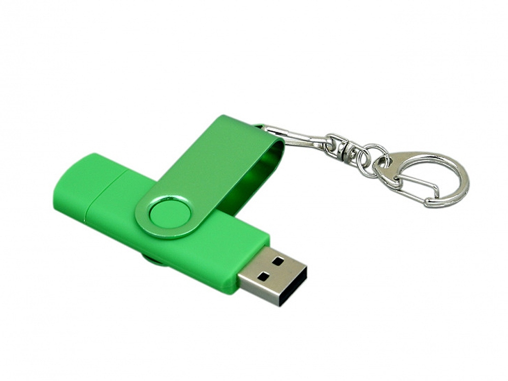 USB 2.0- флешка на 32 Гб с поворотным механизмом и дополнительным разъемом Micro USB, зеленый, soft touch