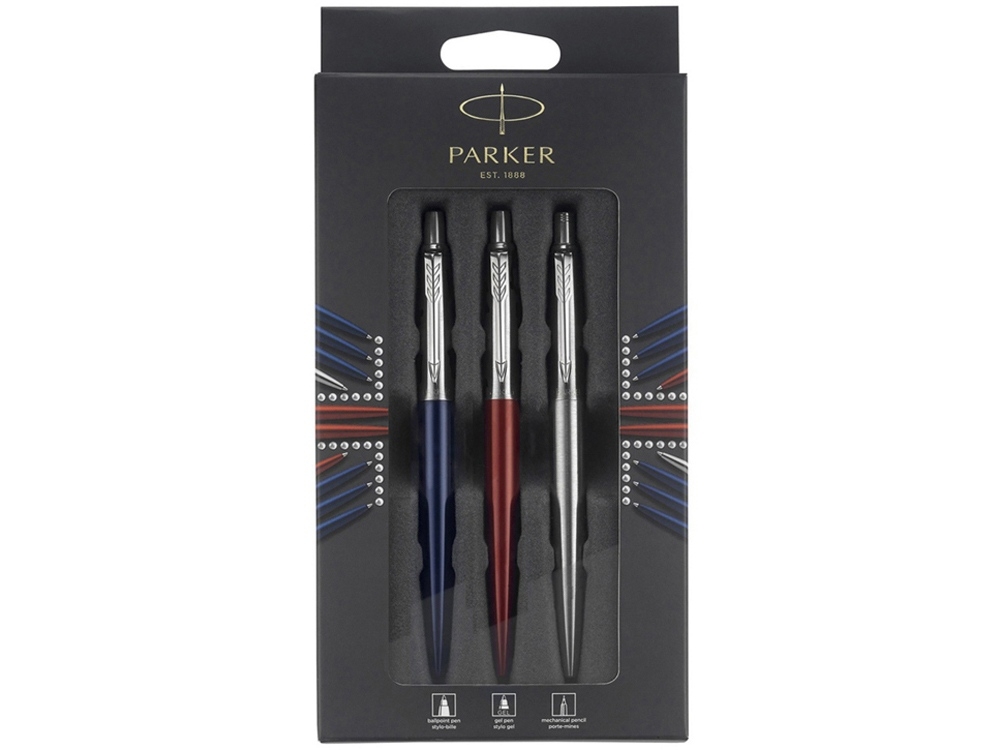 Набор Parker Jotter London Trio: ручка гелевая, ручка шариковая. карандаш, красный, серебристый, металл