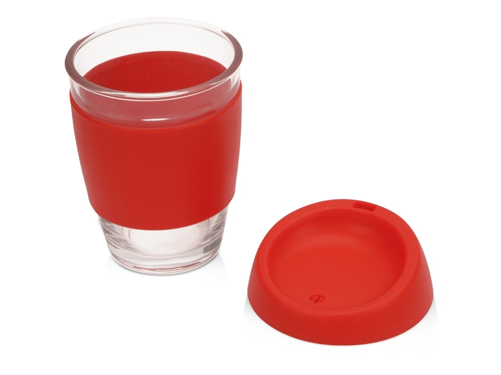 Стеклянный стакан с силиконовой крышкой и манжетой «Monday», красный, прозрачный, стекло, силикон